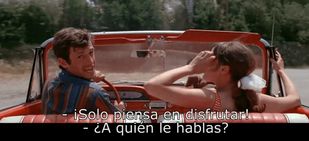 Jean-Luc Godard y Anna Karina rompiendo la cuarta pared en PIERROT LE FOU (1965).