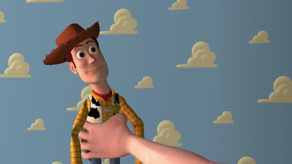 Escena animada de Woody y Buzz Lightyear juntos en la película Toy Story de Pixar.