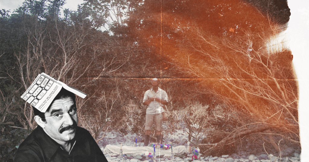 Diseño de papel arrugado con Gabriel García Márquez y personaje realizando un ritual en el río en Yo vi tres luces negras.