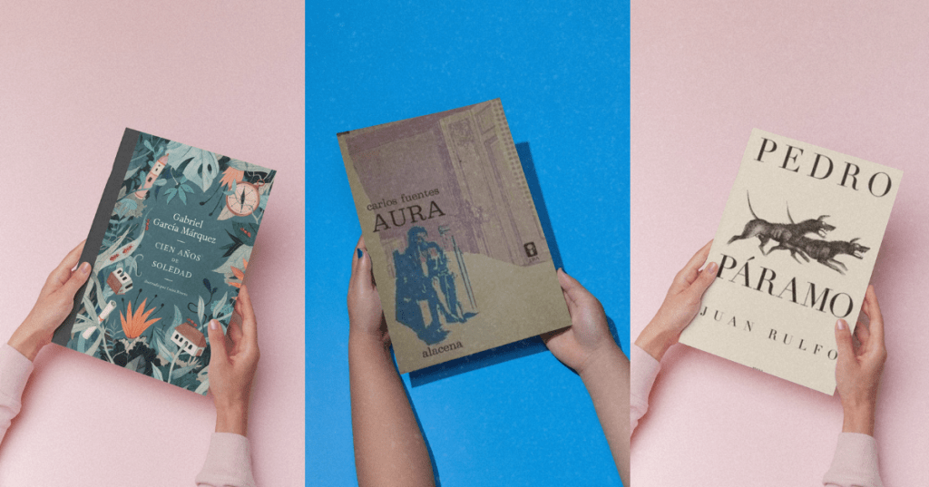 Mockup de los libros Cien años de soledad, Aura y Pedro Páramo sobre fondos azul y rosa.